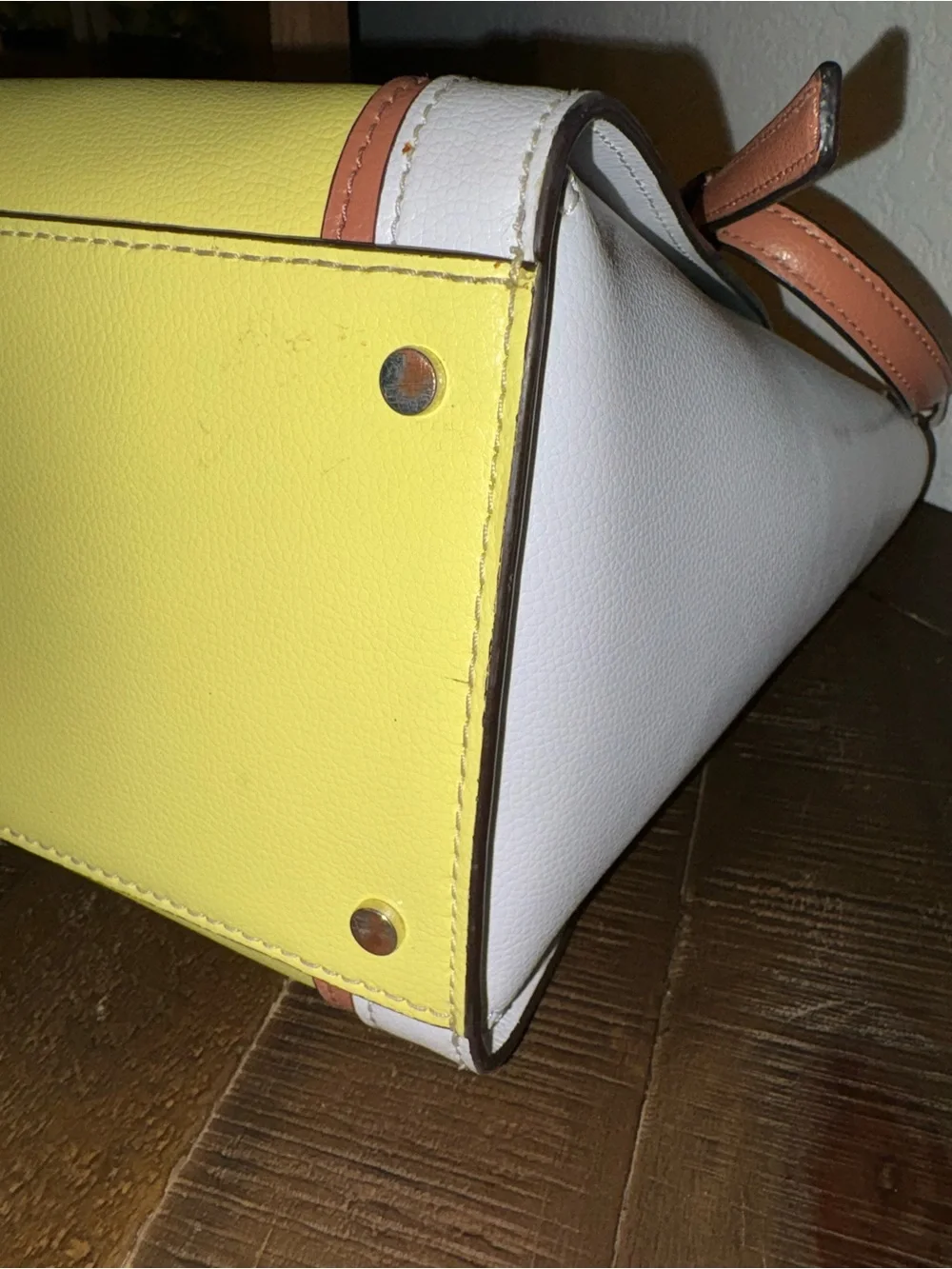 kate spade Yellow and White Colorblock Leather Tote with Brown Handles